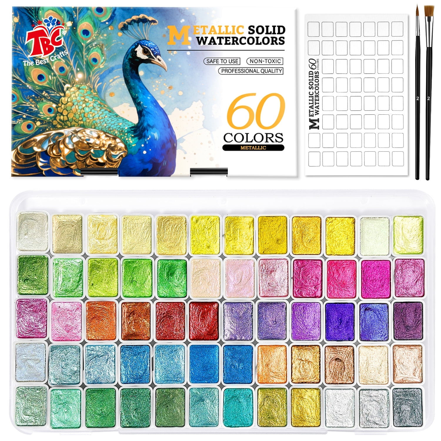 TBC 60 Colors Metallic Solid Watercolor Paint Set with Palette Professional Art Supplies for Travel School Painting Adult Beginners & Professional Artists