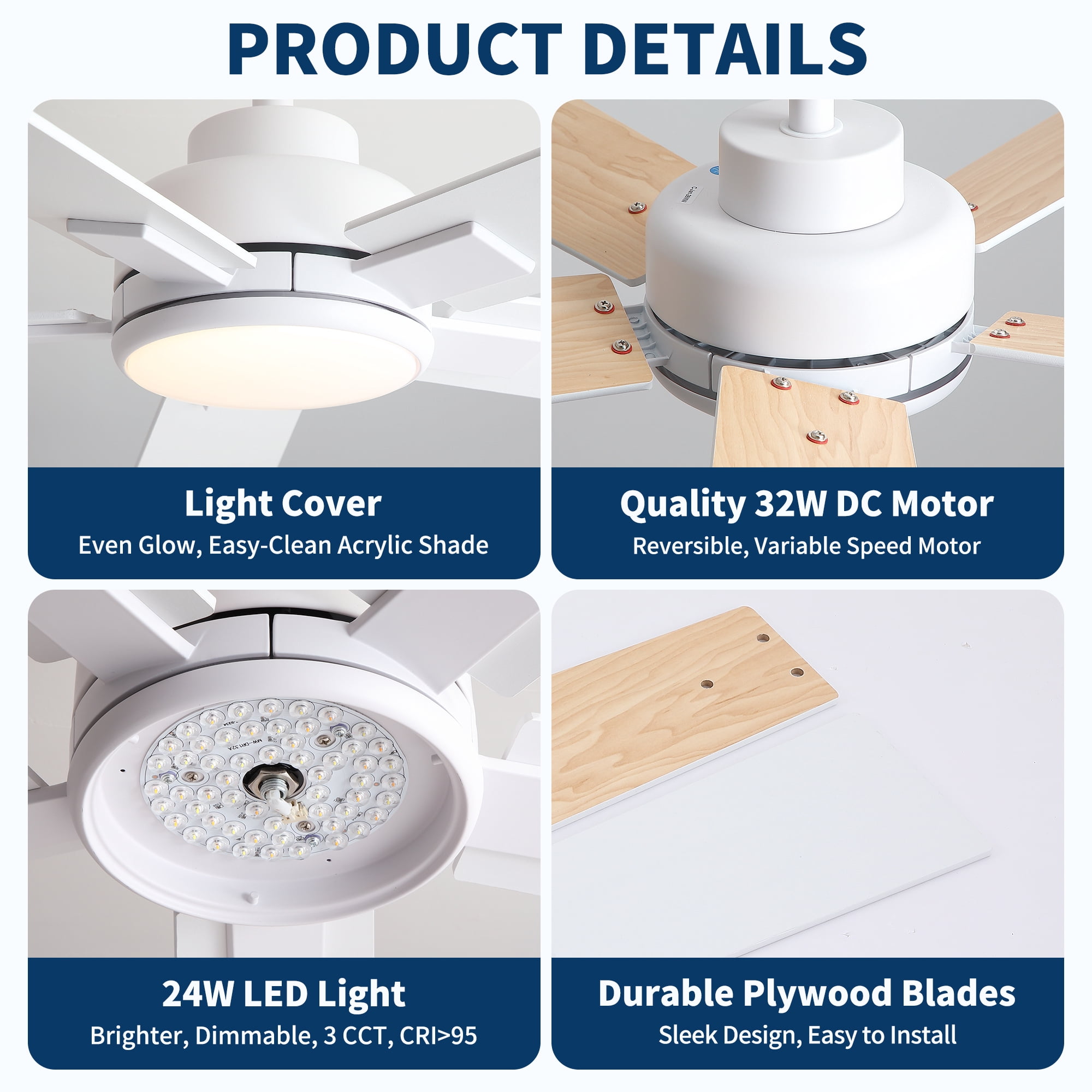 Leumius 52" Ceiling Fan with Light and Remote with Quiet DC Motor, Reversible Blades, Dimmable 3CCT LED Light for Living Room Bedroom Matte White