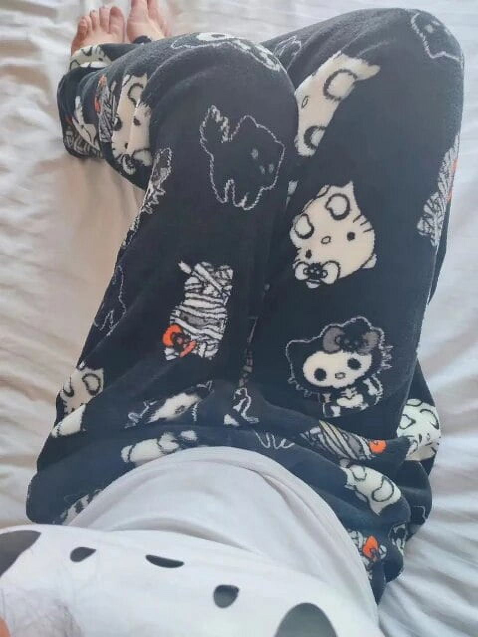 Sanrio Hello Kitty Pajamas Pants Black Pink Anime Flannel Women