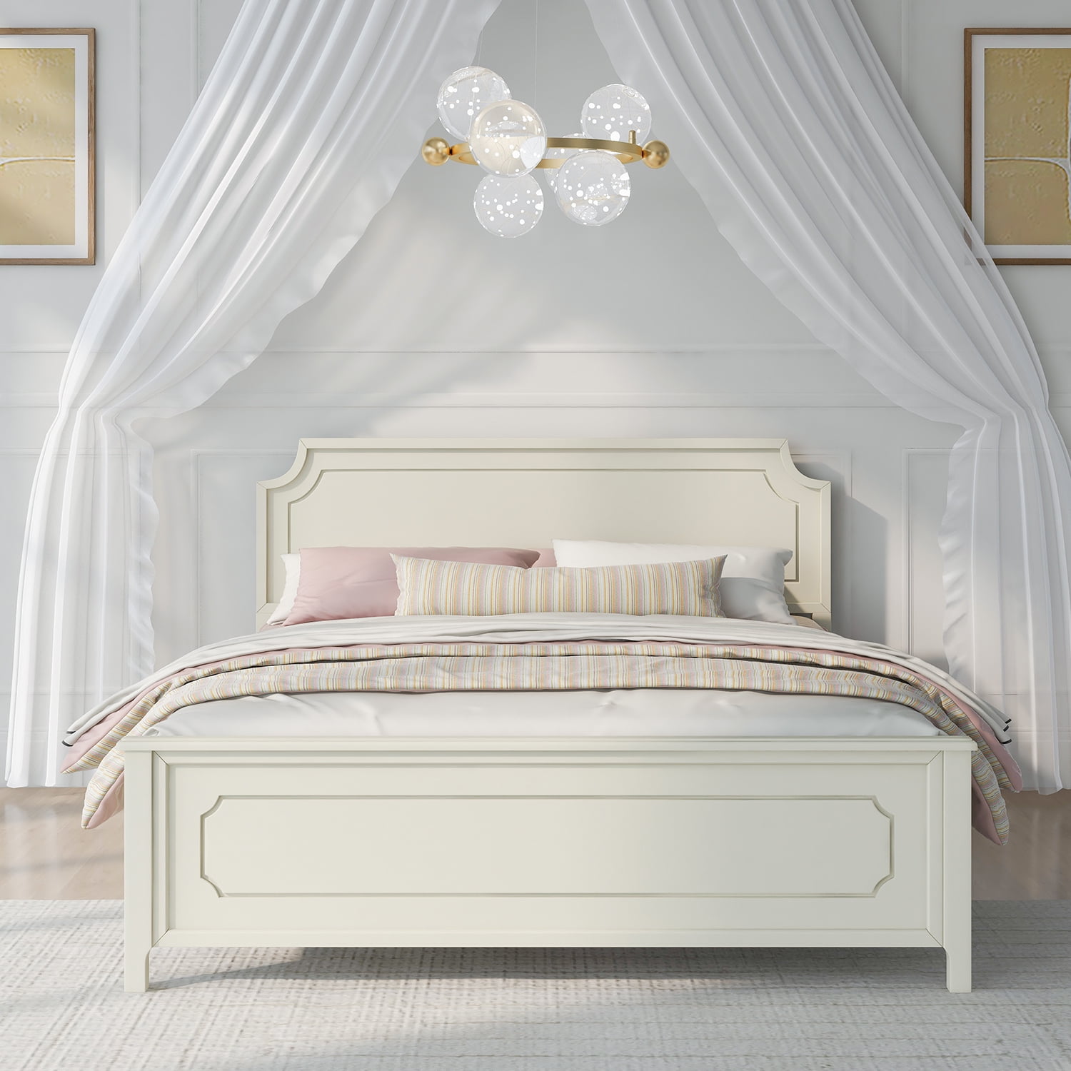 Kadyn Milky White Solid Rubber Wood Platform Bed, Modern Wood King Platform Bed with Headboard, Farmhouse bedstead for Bedroom