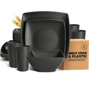 16-Piece Teivio Unbreakable Plastic Wheat Straw Square Dinnerware , BPA-Free, Microwave Safe, Stackable, Space-Saving - For 4 People, Includes Dinner Plates, Salad Plates, Snack Bowls, Tumblers 20 Oz