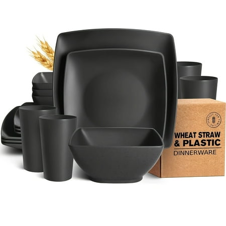 16-Piece Teivio Unbreakable Plastic Wheat Straw Square Dinnerware , BPA-Free, Microwave Safe, Stackable, Space-Saving - For 4 People, Includes Dinner Plates, Salad Plates, Snack Bowls, Tumblers 20 Oz