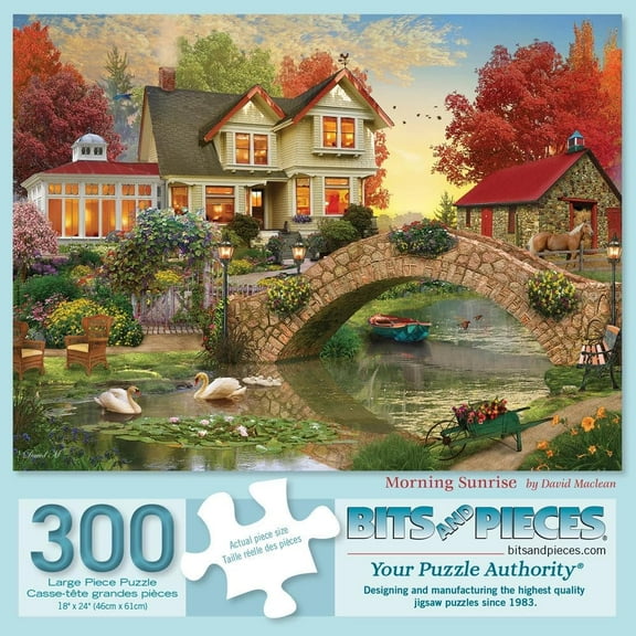 Bits and Pieces Morning Sunrise Over Cottage and Bridge 300 Large Piece Jigsaw Puzzle, 18x24 Inches