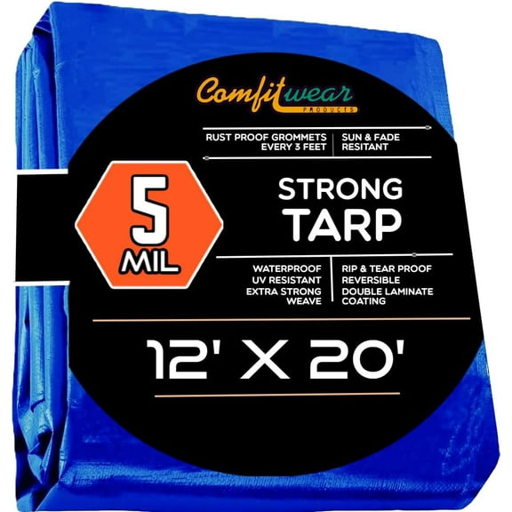 Large Blue Tarp Cover – Outdoor Tarp for Pools, Boats, Cars and Trucks – Waterproof Tarp Cover – Heavy-Duty Tarp with Grommets – 5mil Thick – Secured Tie-Down (12'x20')