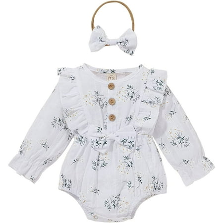 

QWZNDZGR 2pcs Infant Baby Girls Romper Headband 0-24M Ruffles Long Sleeve Off Shoulder Flowers Printed Sweet Jumpsuit