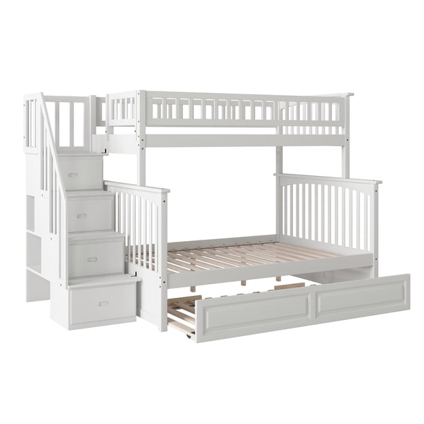 Columbia Staircase Bunk Bed Twin over Full with Twin Size Raised Panel Trundle Bed in White