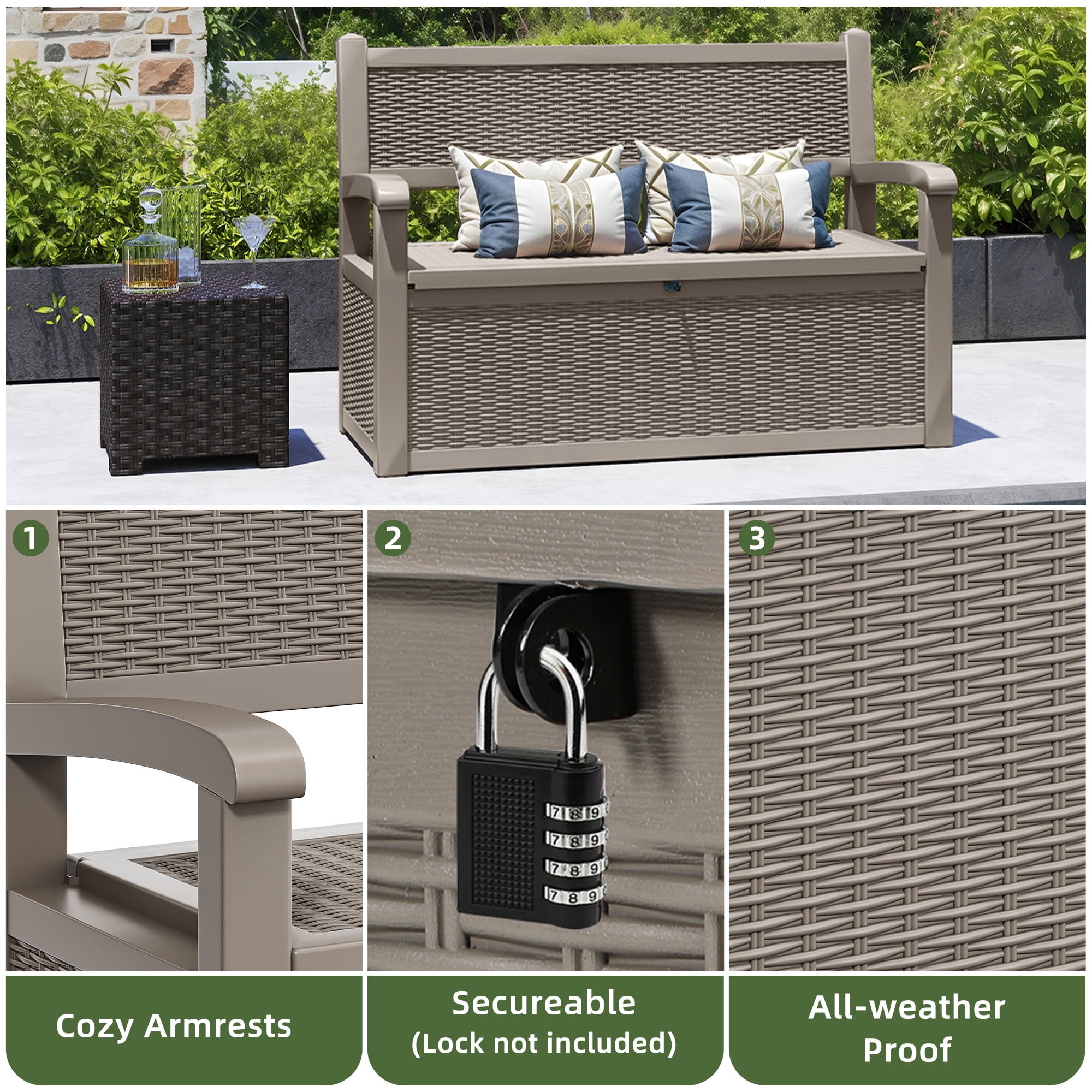 Uforic Uforic 70 Gallon Outdoor Resin Deck Bench,Waterproof & Lockable Storage Box  Bench with Armrests for Garden Patio, Light Brown