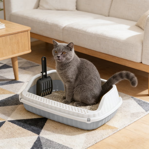 Caja de arena semicerrada con barra alta y diseño a prueba de salpicaduras que proporciona amplio espacio para gatos. Incluye pala para gatitos. Cajas de arena de plástico para gatos.