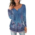 thumbnail image 2 of Elainilye Fashion Womens Tshirts Plus Size Summer Fold Printed Regular Long Sleeve Shirt V Neck Button Tops,Blue, 2 of 8