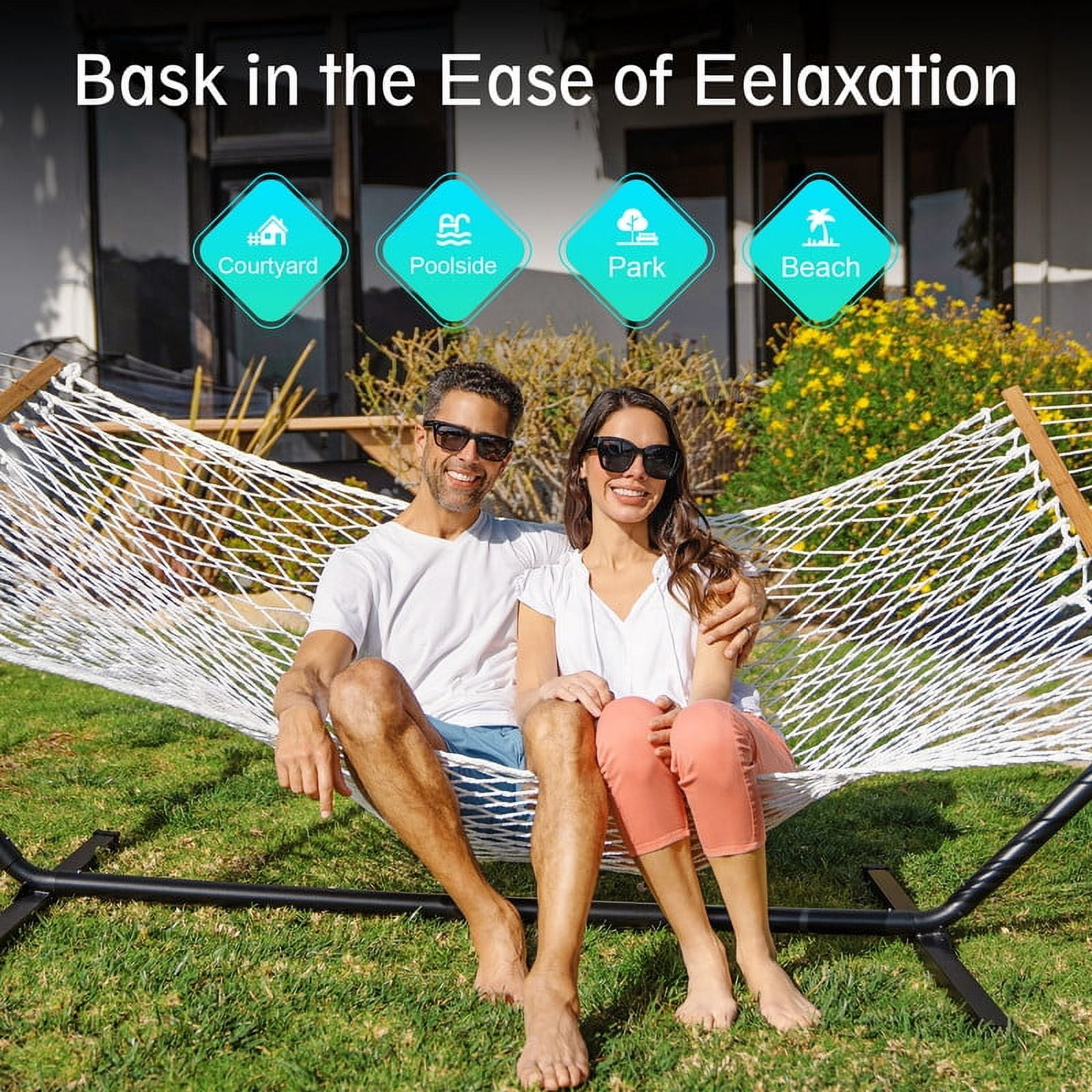 KEESTP Comfort 2 Person Cotton Rope Hammock, 500lb Capacity,Portable Hammocks for Camping Outdoor/Indoor Patio Backyard - Gray
