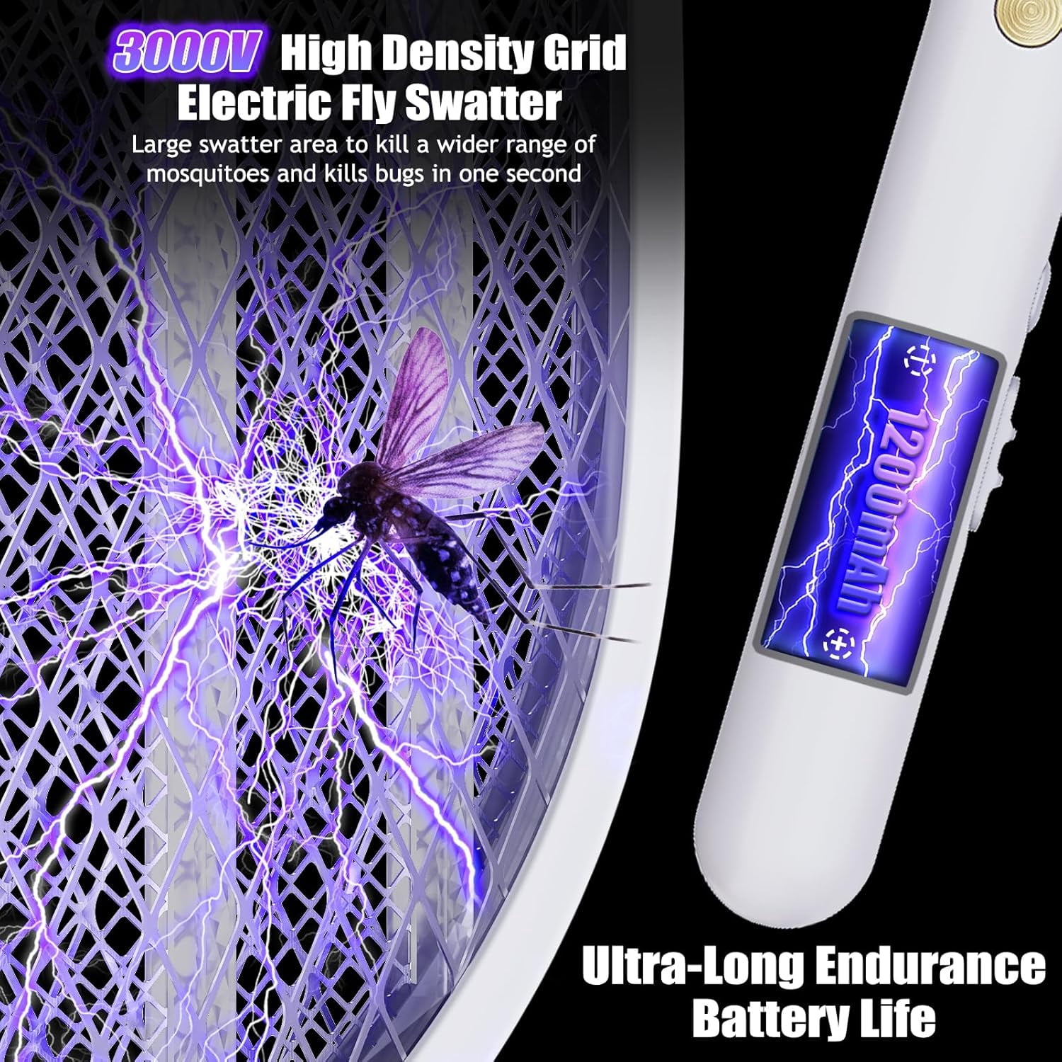 2 PCS 3000V Electric Fly Swatter Racket, 2 in 1 Bug Mosquito Killer Zappers USB Rechargeable, 1200mAh Mosquitoes Killer Lamp & Fly Zappers with 3 Layer