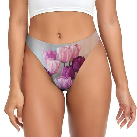 Thongs for Women - Purple And Pink Tulip Bouquet No Show Seamless Womens Thongs Underwear  Stretch G String Thongs for Women  Ladies Breathable Kawaii Thong Bikini Panties Briefs
