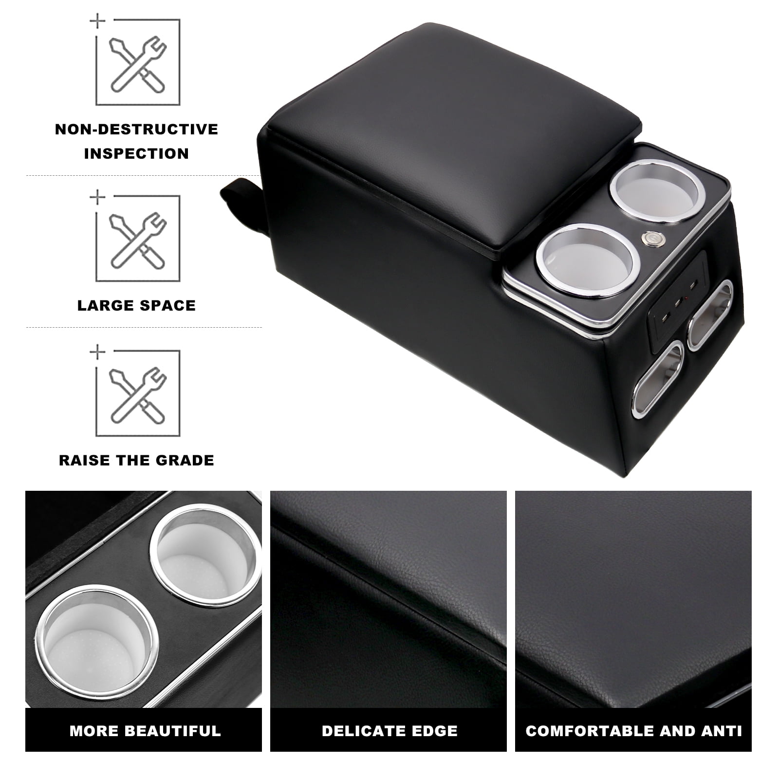 RYANSTAR RACING Truck Seat/Bench Organizer, Rear Bench Seat Consoles with LED Light, USB Port, Cup Holders, Armrest, and Padded Top Lid