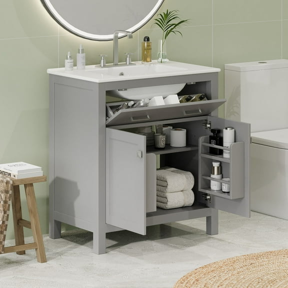 Duxelifin 30" Freestanding Bathroom Vanity with Single Sink, Gray Bathroom Vanity Cabinet with Storage, Vanity with Ceramic Top, Flip-Out Drawer & Soft-Close Doors