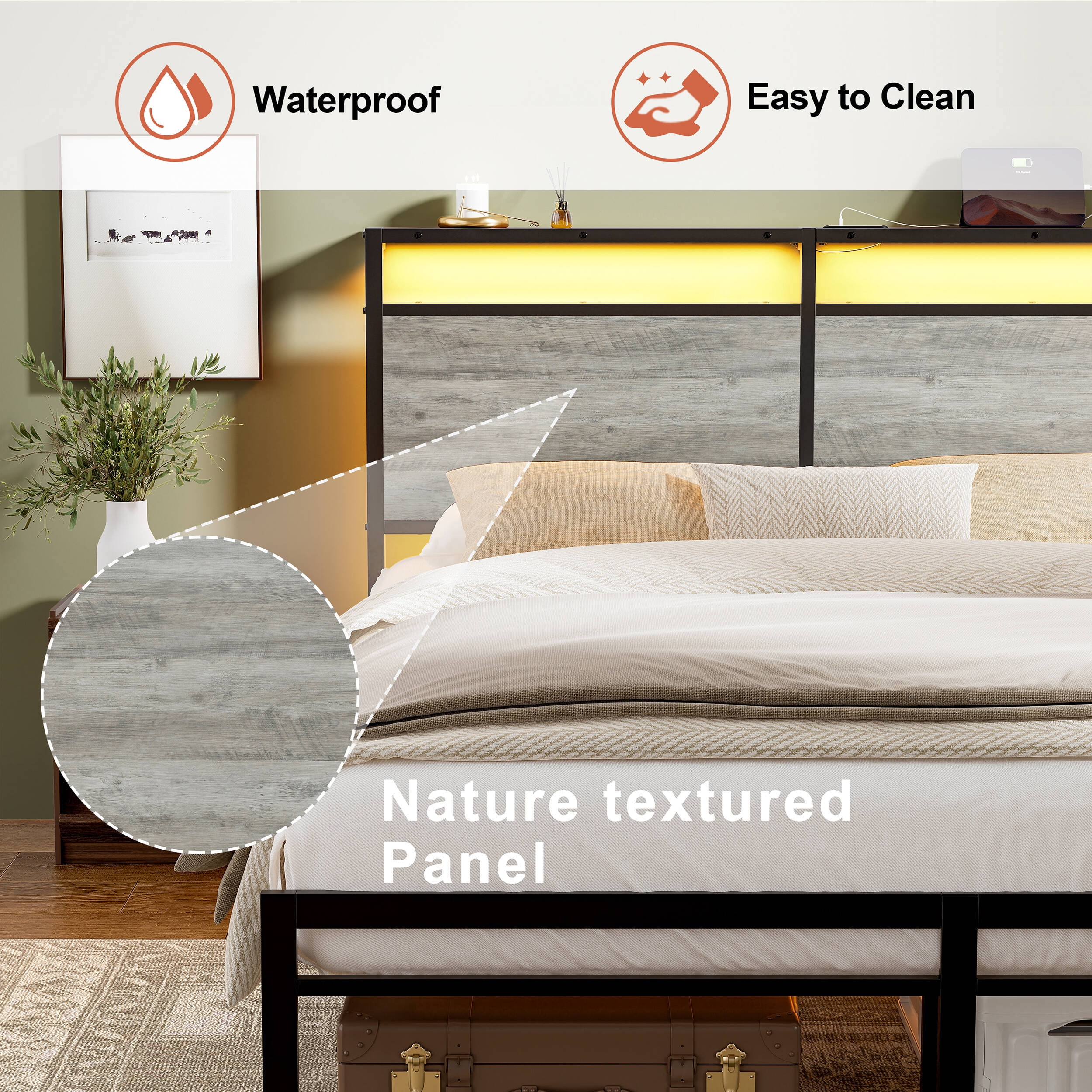 GUNAITO Queen Bed Frame with Headboard Metal Platform Bed with LED Lights and Charging Statio, Grey