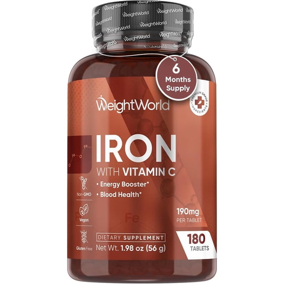 WeightWorld Iron 65mg with Vitamin C 125mg Tablets for Blood Health, Energy & Immune Support | 180 Tablets (6-Month Supply) | Gentle Iron Supplement for Women & Men - Vegan, Non-GMO