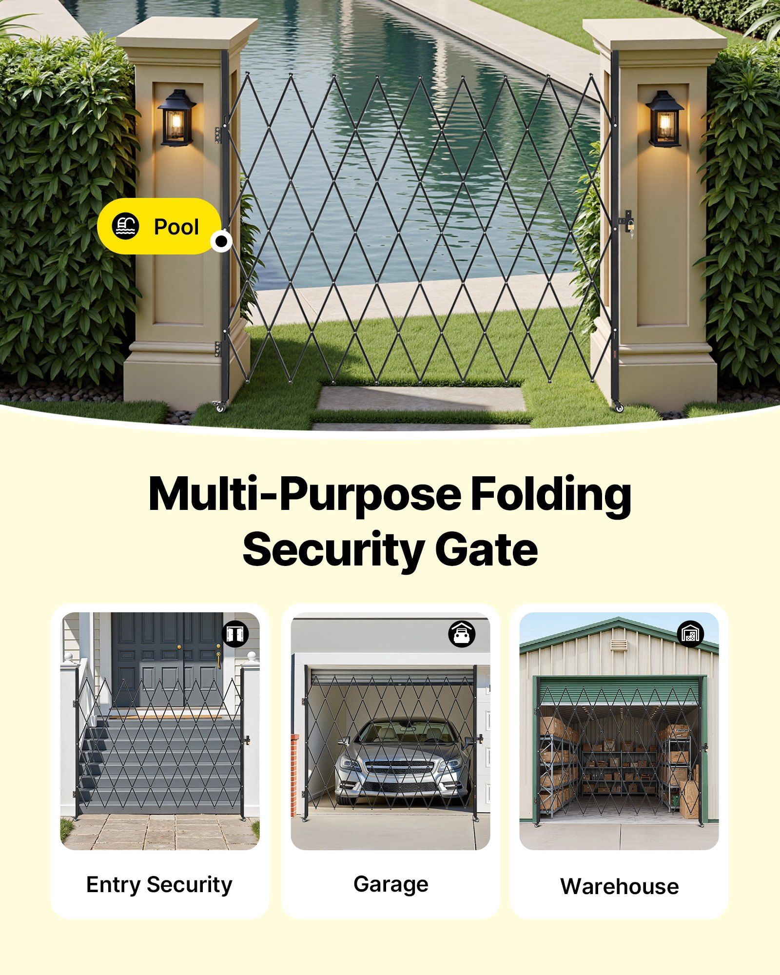 CAFORKP Steel Retractable Folding Gate with Lock, Outdoor Mobile Barrier, Size 86.61" x 86.81"