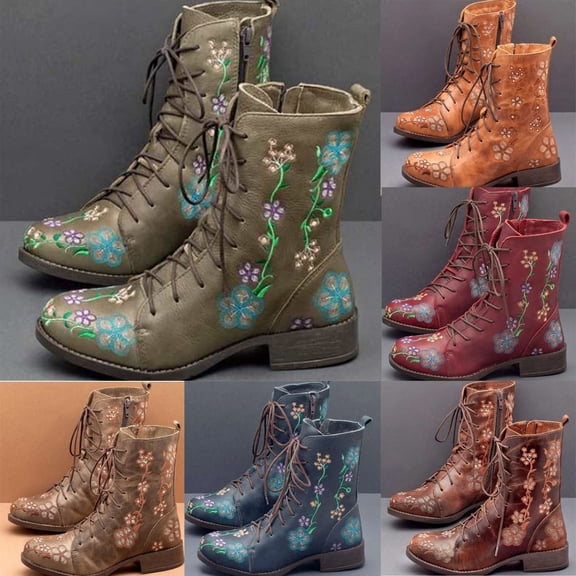 Taqqpue Women Ankle Boots Women's Printed Embroidered Boots Over Feet Round Toe Chunky Ankle Boots