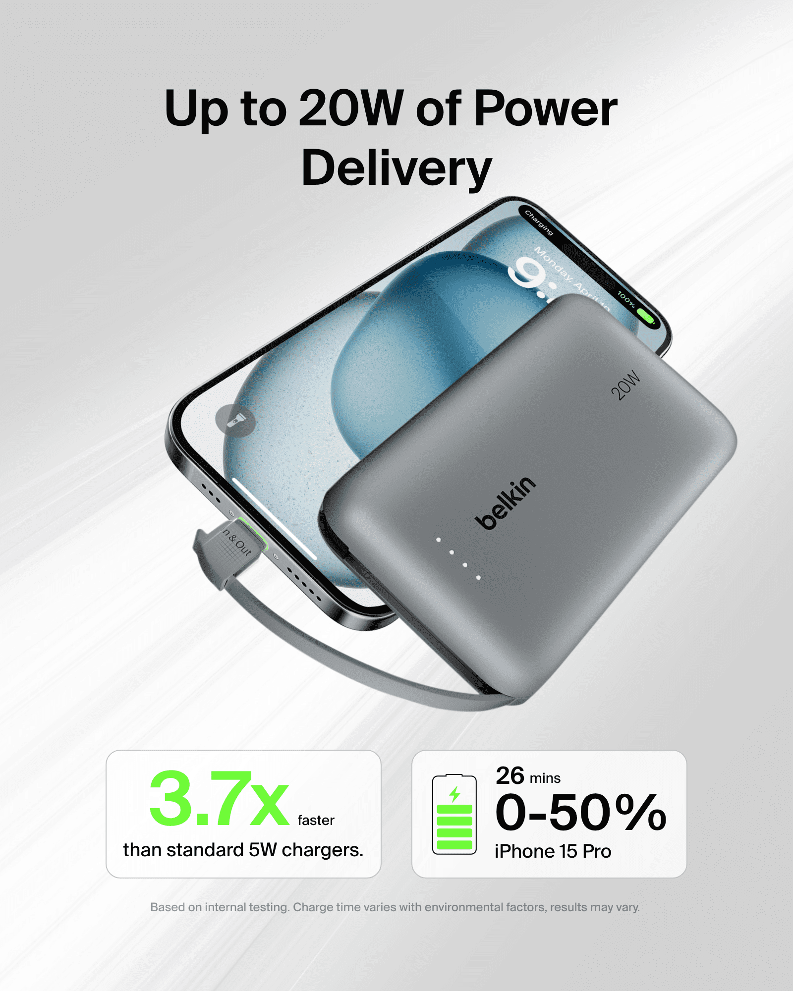 Belkin Portable Charger, Power Bank 10,000mAh with Integrated Cable - 20Watt Fast Charge USB-C Power Delivery, Portable iPhone Charger for iPhone 16 Series, iPad Pro, Galaxy S25, and More - Gray
