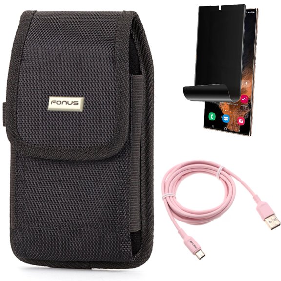 6ft USB-C Cable & Case Belt Clip & Privacy Screen Protector for Samsung Galaxy S22 Ultra (6.8") - Combo Pink Charger Cord Power & Rugged Holster Canvas & TPU Film (Fingerprint) Anti-Peep