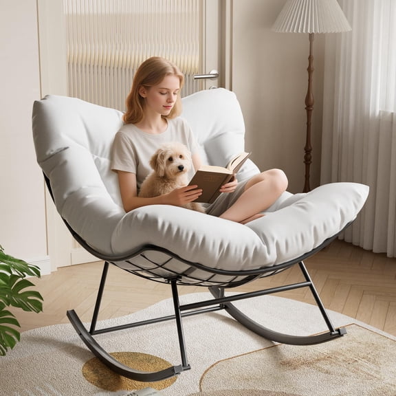 Garvee Oversized Lounge Chair with Footrest Outdoor Papasan Rocking Chair and Ottoman Sturdy Metal Frame Patio Rattan Egg Rocker for Balcony Backyard Porch - White