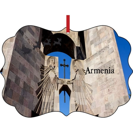 Cathedral Santa - Santa Klaus and Sleigh Riding Over Echmiadzin Cathedral, Armenia Elegant Semigloss Aluminum Christmas Ornament Tree Decoration - Unique Modern Novelty Tree Décor Favors