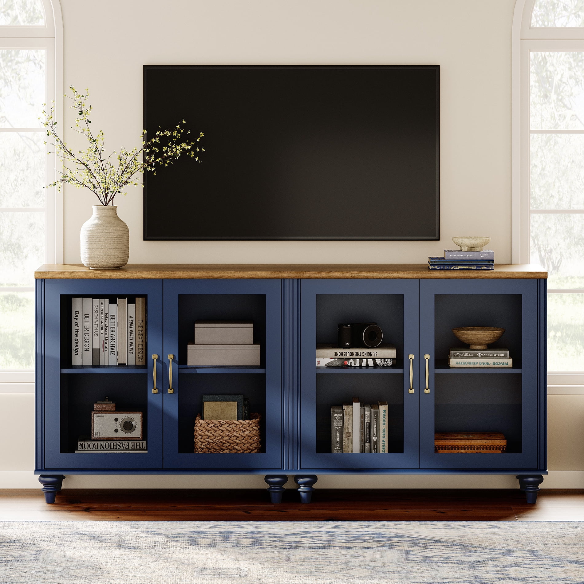 TV Stand for 75 Inch TV, Kitchen Buffet Sideboard with 4 Glass Doors, TV Cabinet for Living Room and Dining Room, Navy Blue