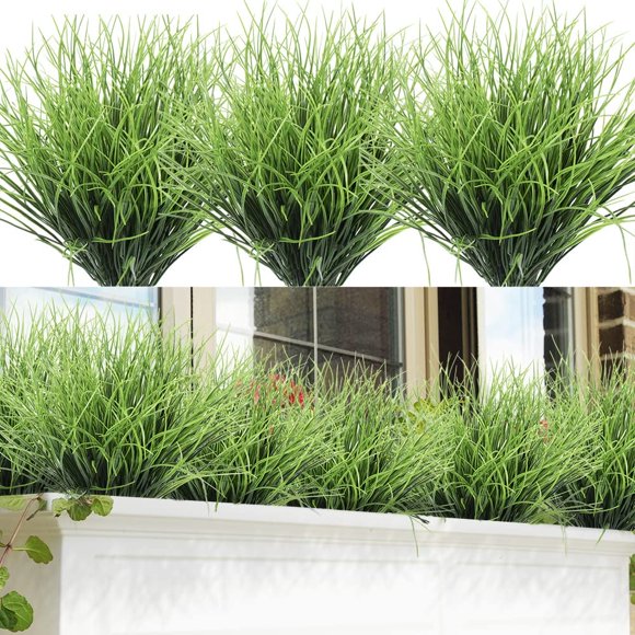 8 Bundles Artificial Grass Plants Fake Bushes Artificial Shrubs Wheat Grass Greenery for House Plastic Outdoor UV Resistant Faux Grass (Pack of 8)
