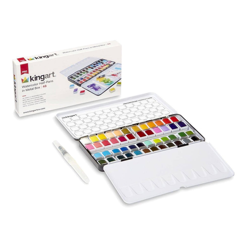 KINGART PRO Artist Watercolor Half-Pans, Tin Box with Water Brush, Set of 48 Vibrant Colors