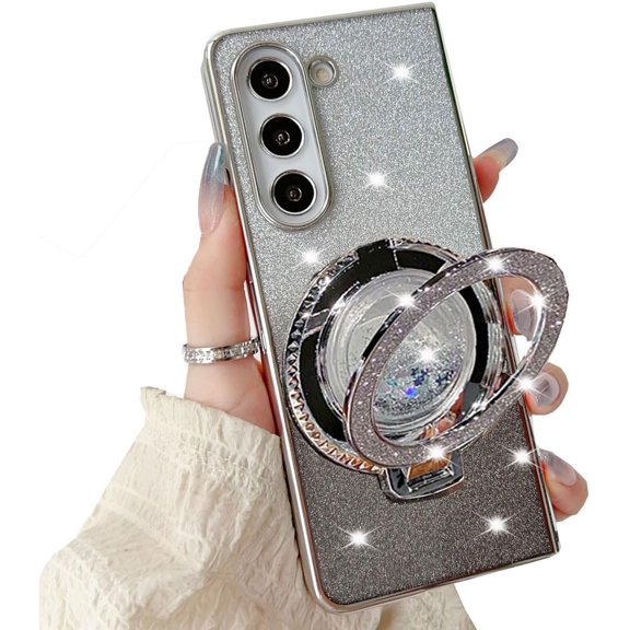 for Samsung Galaxy Z Fold 6 Case with Magnetic Kickstand,Cute Electroplate Plating Bling Glitter Slim Protective Phone Case, Flowing Liquid Ring Stand for Samsung Z Fold 6 (Silver)