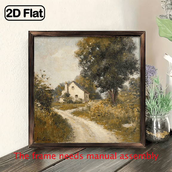 2D Flat, 1pc Vintage Farmhouse Wall Art - 8x8 Inch Wooden Framed Painting of Country Field with House Tree, Ideal for Home Decor in Living Room, Bedroom, Bathroom, as a Housewarming Gift, Home Deco
