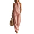 thumbnail image 2 of Linen Sets for Womens 2 Piece Outfits Casual Minimalist Halter Neck Top and High Waisted Wide Leg Pants Travel Matching Sets, 2 of 6
