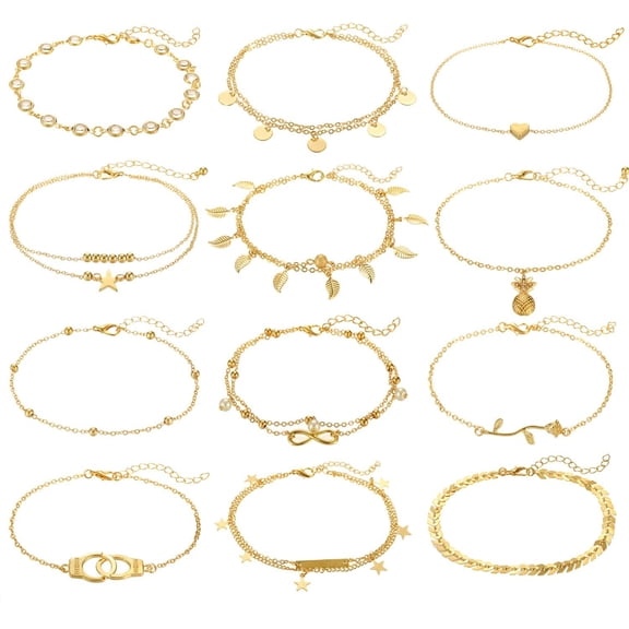 12/16/30Pcs Ankle Bracelets for Women Gold Silver Rose Gold Charm Anklets Set for Teens Boho Layered Beach Adjustable Foot Chain Summer Beach Jewelry