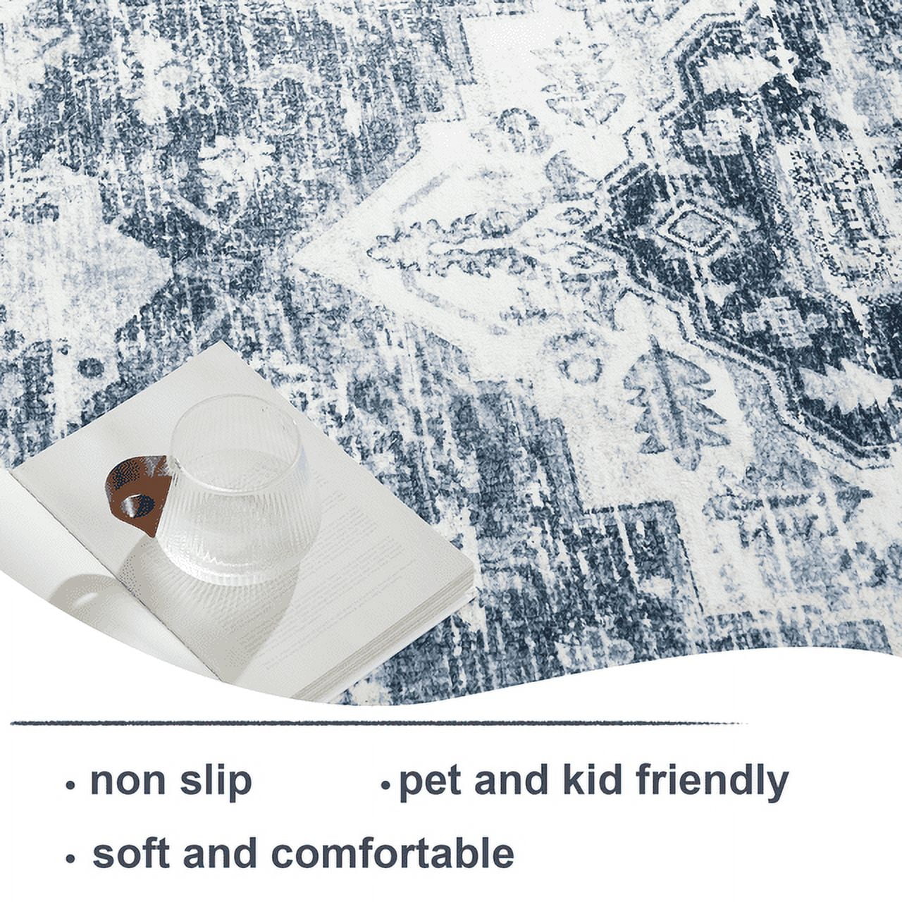 NICETOWN Washable Stain Resistance Area Rug for Living Room, 8'x10' Thin Non-slip Vintage Soft Foldable Carpet for Bedroom, Blue & Grey