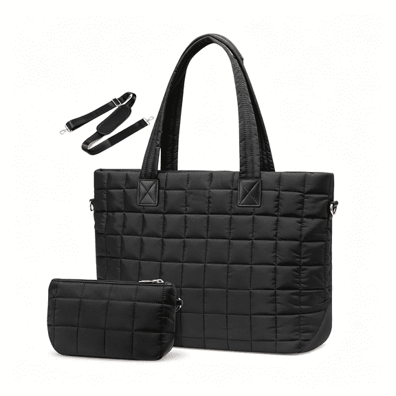 AOMRCOL Laptop Tote Bag for Women,15.6" Large Puffer Work Tote Computer Bags,Quilted Women'S Shoulder Purse Bag with Zipper,Teacher Office Handbag for Travel College Business,Gifts,Black
