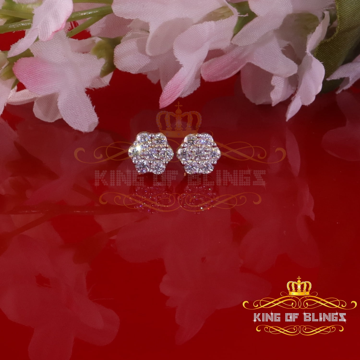 King of Bling's Men's/Womens 925 Silver Yellow 1.00ct VVS 'D' Moissanite Floral Stud Earrings