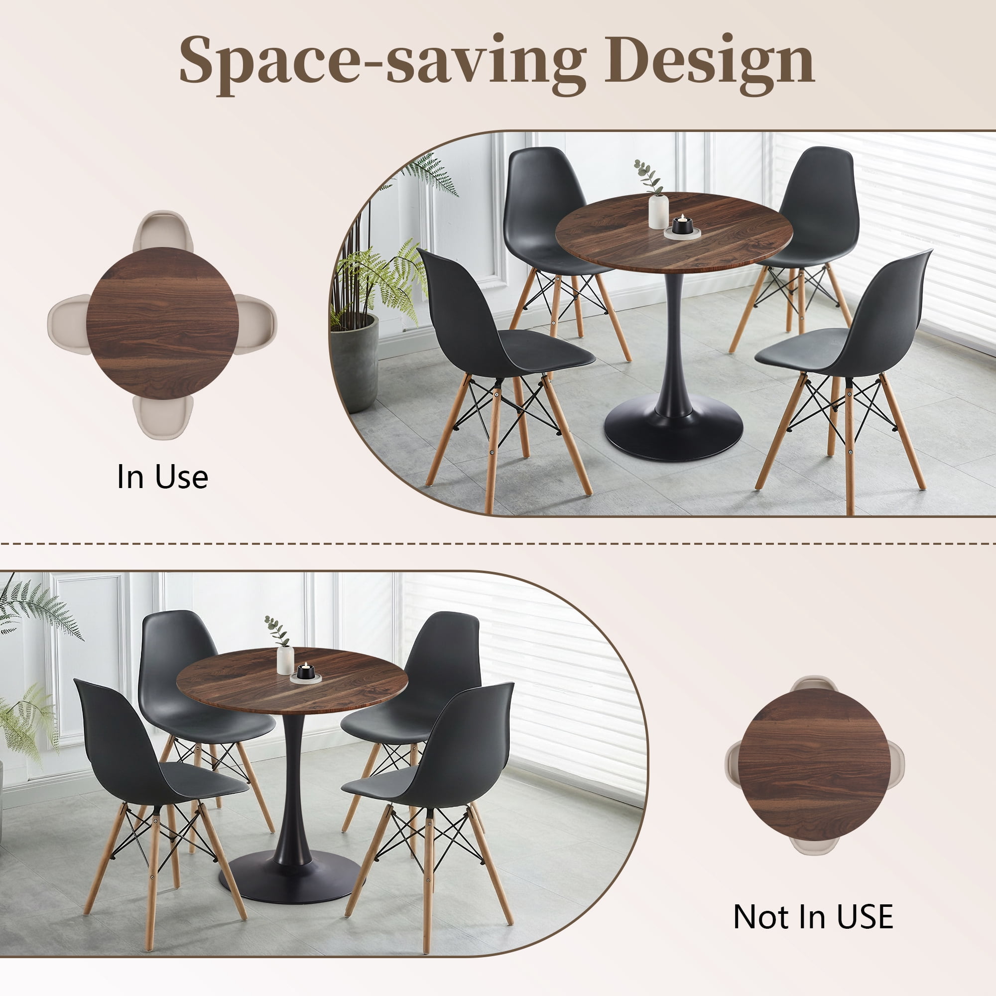 23.6" Round Dining Table with MDF Top & Metal Tulip Pedestal Frame for Kitchen, Living Room, Bedroom, Walnut