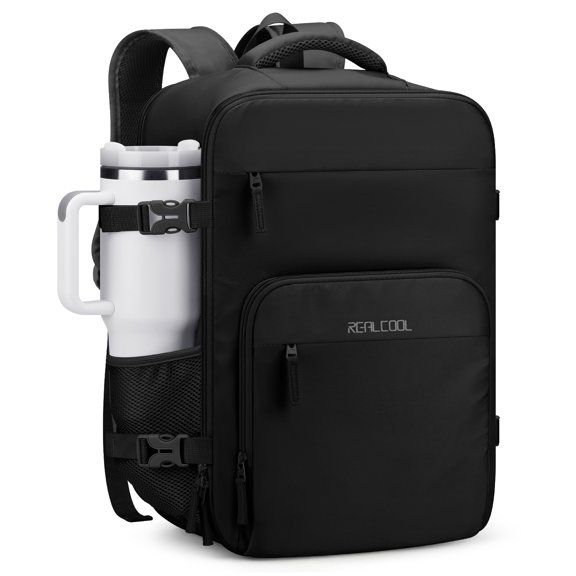RealCool Travel Backpack for Women Men, 15.6-17.3 Inch Laptop Carry On, Backpack for School, Business & Travel Black