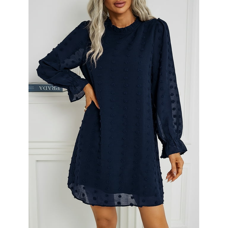 TEMOFON Women's Dresses Long Sleeves Short Mini Dress High Neck Casual  Swiss Dot Loose Fit Dress Navy Blue