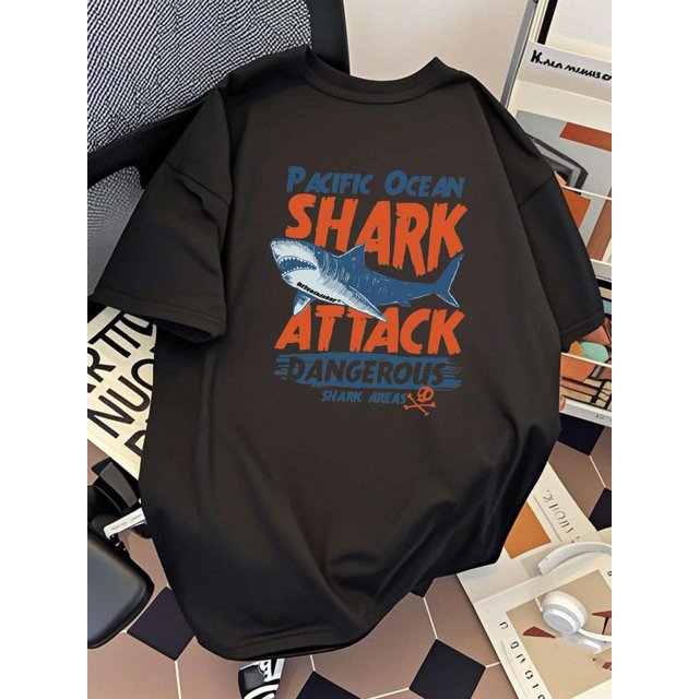PRIVATHINKER Men'S Cotton Graphic T-Shirt - Casual Loose Fit, Shark Attack Print, Short Sleeve, Crew Neck, Breathable Summer Tee for Casual Attire, Outdoor Apparel | Graphic Tee | Breathable Materia