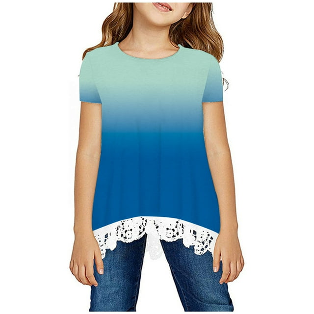 DPTALR Chemise Fille Col Rond Superposé Imprimé Floral Manches Courtes Mignon Blouse Enfants Tee Top en Dentelle