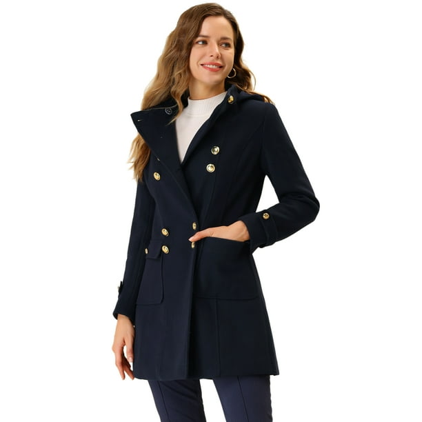 Abrigo largo de invierno con capucha y cuello alto para mujer Azul marino L