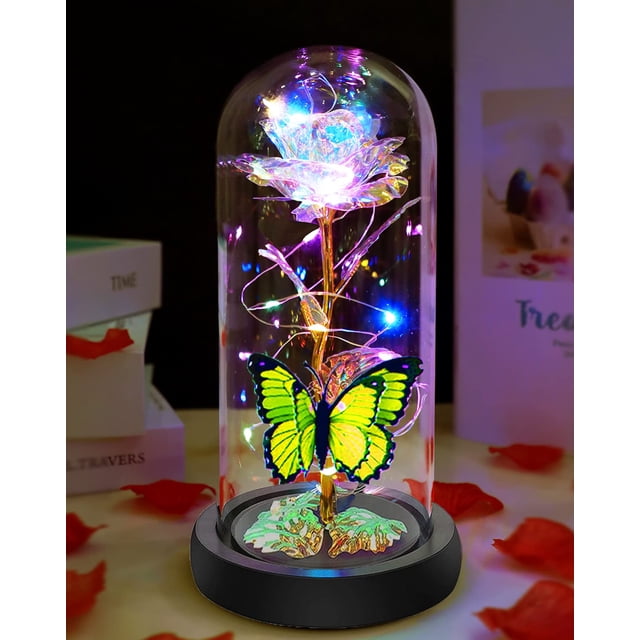 Gift Fvawe Galaxy Crystal Light Up Rose in Glass Dome
