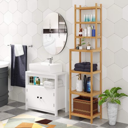 Homfa Small Bathroom Tower, Bamboo Standing Storage Organizer Rack Shelf, Natural