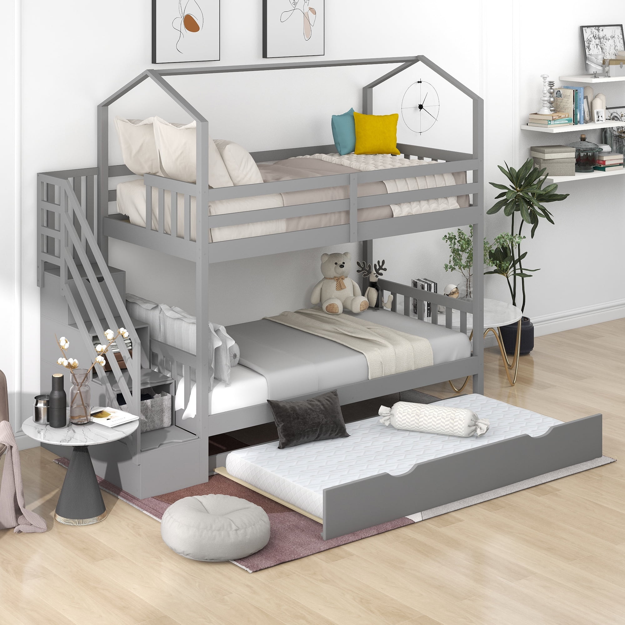 Twin Over Twin House Bunk Bed with Ladder, Wooden Kids Loft Bedframe
