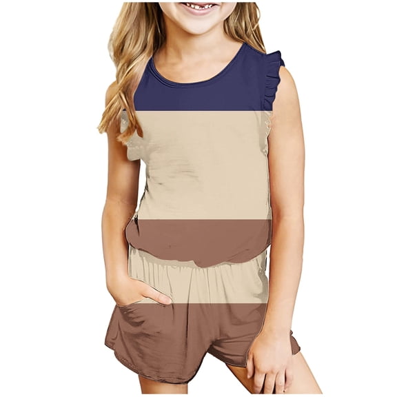 Zwiiyzr 3-14Y Kids Girl Clothes Summer Toddler Outfit Color Block Vest Tank Tops & Shorts Cute Clothing Sets Navy