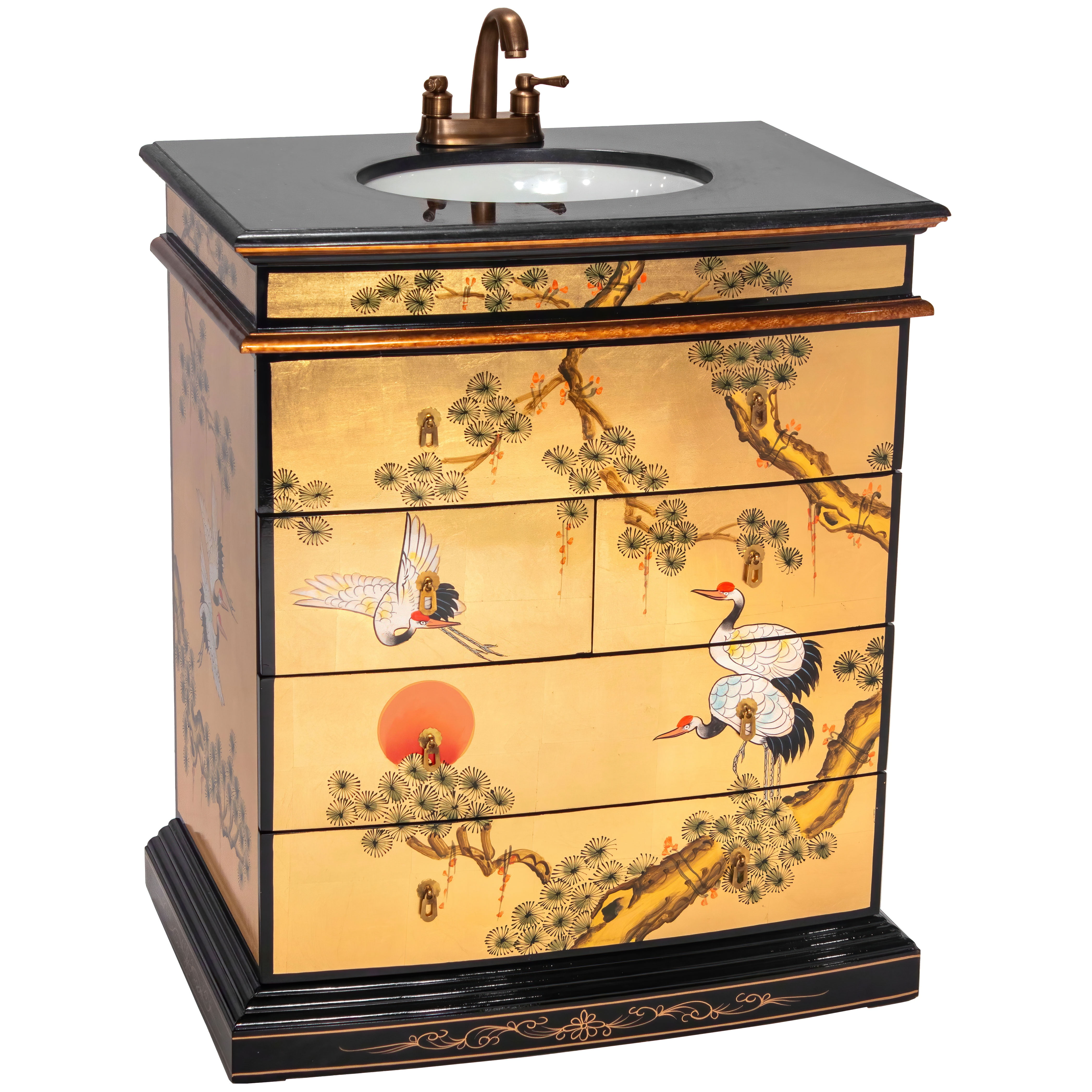 Oriental Furniture Gold Lacquer Small Vanity - Cranes
