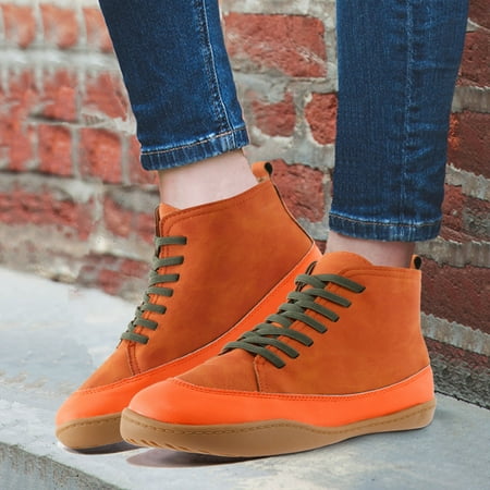 

Wefuesd Ladies Retro Fashion Colorblock Leather Round Toe Lace Up Flat Casual Short Boots Booties For Women Boots For Women Orange 41
