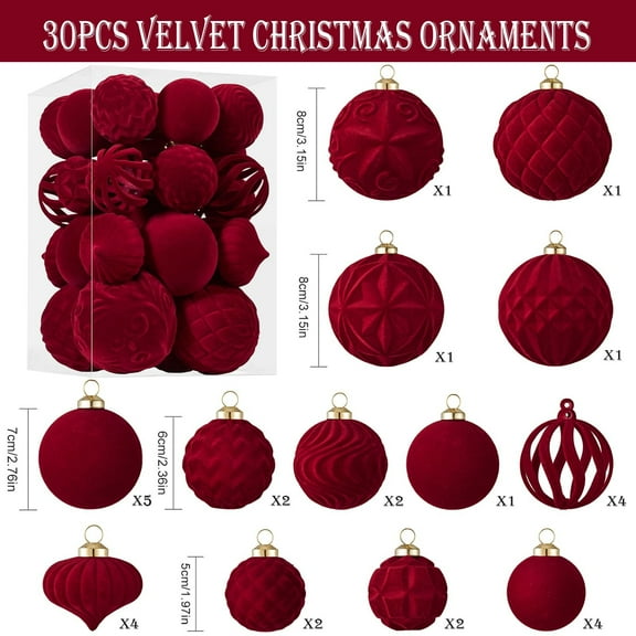 YIKA 30 Pcs Velvet Christmas Balls Flocked Christmas Tree Ornaments Plastic Balls Xmas Decorative Hanging Ornaments Christmas Tree Decoration Wine