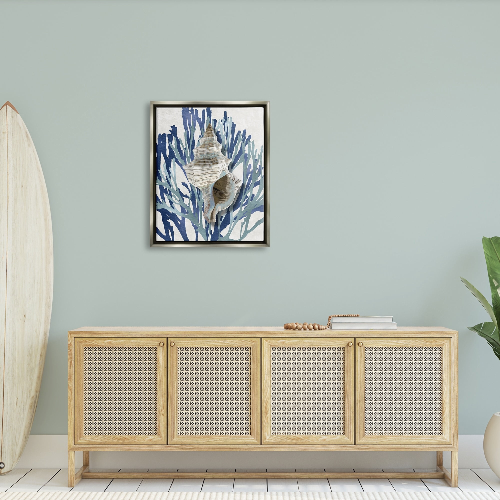 Stupell Industries Tower Shell Coral Blue Beach Design Luster Gray Framed Floating Canvas Wall Art, 24x30, by Caroline Kelly
